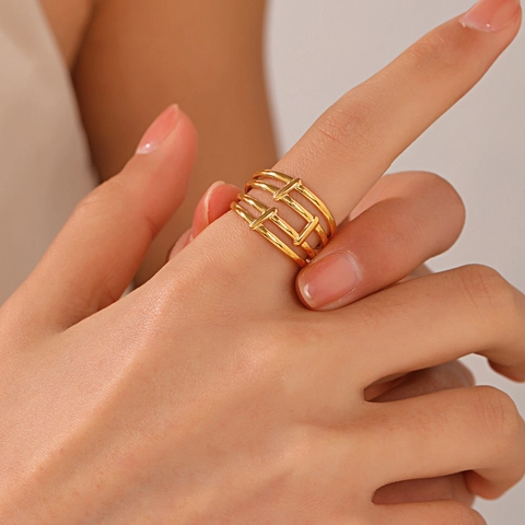 Minimalistischer Mehrlagiger Linienring Edelstahl Vergoldet Geometrisch Hohl Verstellbarer Offener Ring Für Damen