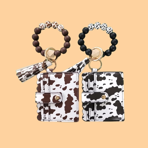 Silicone Beaded Wristlet Keychain And PU Leather Card Holder With Tassel Floral Leopard Print Bracelet For Women