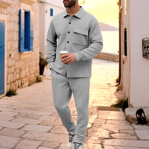 Herren Retro Casual Jacke Und Hose Waffelstruktur Jacquard Revers Langarm Slim Fit Schwergewicht Amerikanischer Stil