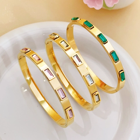 Bracciale Rigido in Acciaio Inossidabile Placcato Oro Con Intarsio in Strass Rettangolare di Lusso Per Donna Gioielli