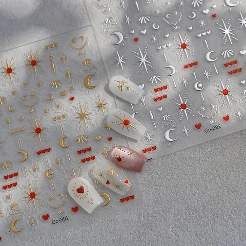 Pegatinas Para Uñas Con Relieve 5D Impermeable Metálico Oro Plata Luna Estrella Corazón Celestial Decoración De Manicura DIY