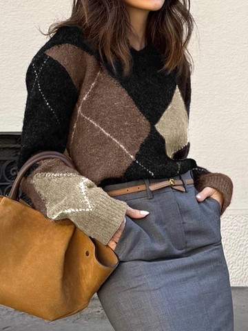 Maglione In Maglia Argyle Vintage Da Donna A Maniche Lunghe Color Block Pullover Casual Ampio Alla Moda