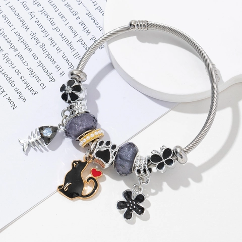Cartoon Katze Fischgräte Emaille Perlen Edelstahl Armreif Armband Für Damen Süßes Tier Anhänger Armband Schmuck Geschenk