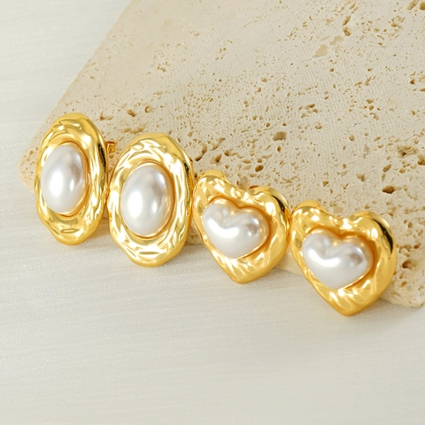 Vintage Herz Und Oval Ohrstecker 18K Vergoldet Edelstahl Hammerschlag Textur Künstliche Perle Schmuck Für Damen