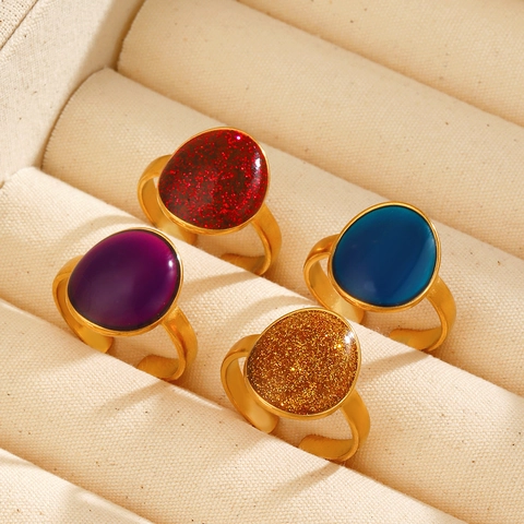Vintage Oval Geometrischer Edelstahl Ring Für Frauen Offen Verstellbar Vergoldet Harz Glitzer Mode Fingerschmuck