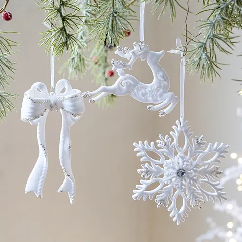 Adornos Colgantes de Navidad Flocados Blancos Con Purpurina Plateada Copo de Nieve Reno Alas de Ángel Torre Eiffel Decoraciones de Árbol de Navidad