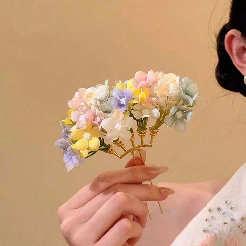 Elegant Fabric Flower Hair Stick New Chinese Style Multi Color Floral Hair Fork Alloy U-Shaped Hairpin For Women