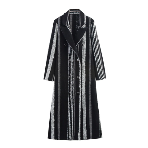 Abrigo Largo Para Mujer Rayas Verticales Doble Botonadura Solapa Tweed Boucle Estilo Holgado Británico Otoño Invierno