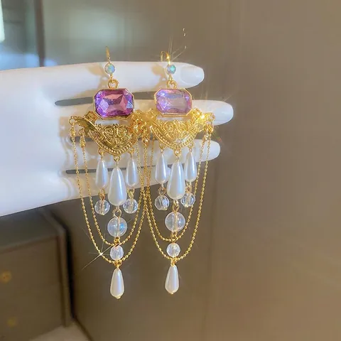 Vintage Palace Style Long Tassel Drop Earrings With Purple Crystal Imitation Artificial Pearl Rhinestone And Silver Earring Post For Women