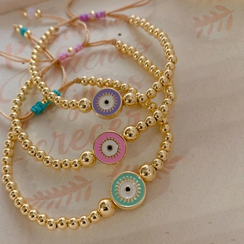 Evil Eye Beaded Bracelet 18K Gold Plated Copper Enamel Charm Adjustable Handmade Bohemian Jewelry For Women