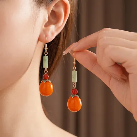 Persimmon Dangle Earrings With Silver Earring Post Alloy Stone Resin Fruit Drop Vintage Neo Chinese Ethnic Jewelry For Women