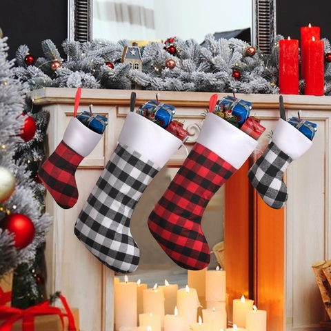 Weihnachtssocken Buffalo Karos Weihnachtsdeko Kamin Hängende Plüsch Trim Socken Geschenktüten Für Feiertags Party