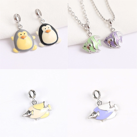 Ciondolo Pinguino Pesce Tropicale Oceano Argento Sterling 925 Smalto Animale Charm Gioielli Per Donne