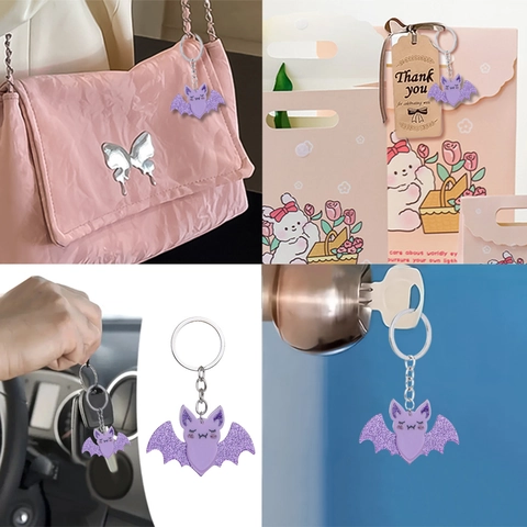 Schattige Cartoon Vleermuis Sleutelhanger Acryl Glitter Paars Zwart Hanger Sleutelring Voor Halloween Feest Vrouwen Meisjes Sieraden Cadeau