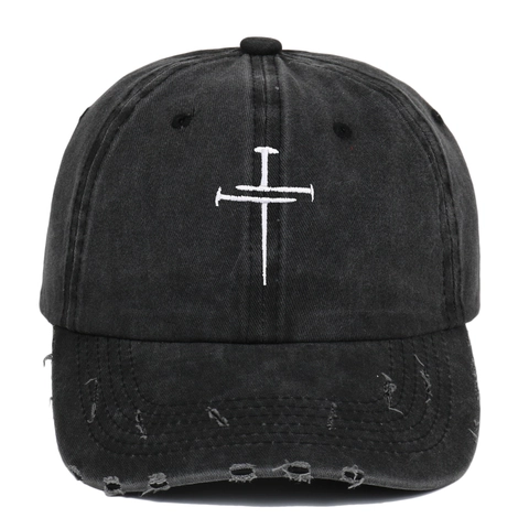 Baseball Cap Gewaschene Baumwolle Distressed Ripped Brim Kreuz Stickerei Vintage Verstellbarer Sonnenhut Für Herren Damen