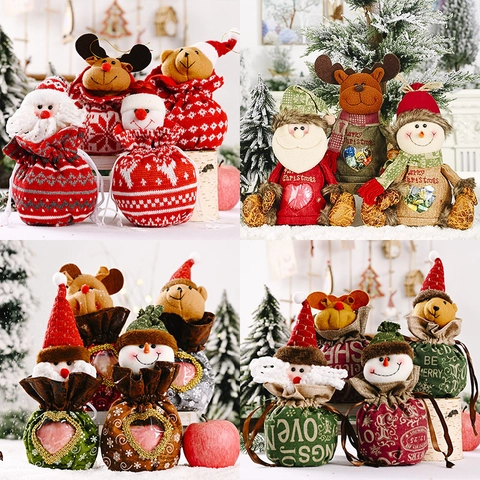 Christmas Gift Bags Linen Knit Felt Drawstring Candy Pouch With 3D Santa Snowman Reindeer For Holiday Party Favors