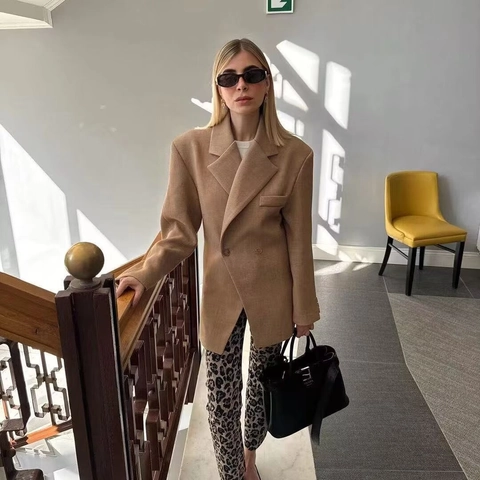 Blazer Para Mujer Chaqueta De Traje Poliéster Doble Botonadura Solapa Manga Larga Holgada Oficina Casual Elegante