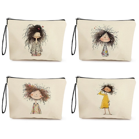 Fine Linen Cosmetische Tas Make-up Tasje Met Rits En Polsbandje Cartoon Meisje Illustratie Reis Toilettas Voor Dames