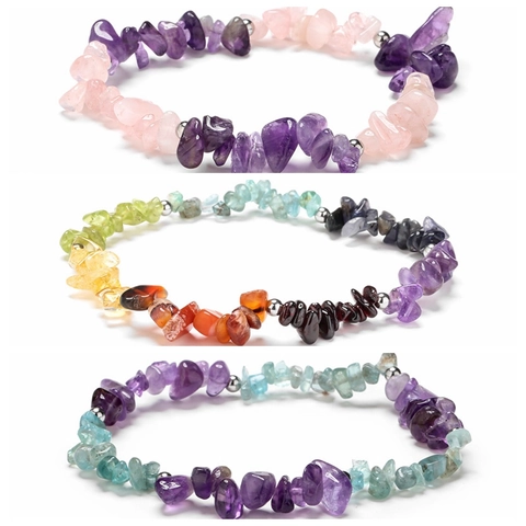 Natural Crystal Stone Chip Bracelet Irregular Tumbled Gemstone Healing Jewelry With Steel Beads Women Bohemian Elastic