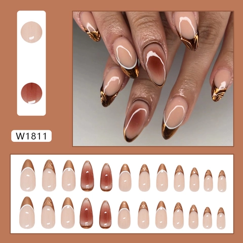 Künstliche Fingernägel Mandelform Französisch Amber Caramel Glänzend ABS Kunststoff Wiederverwendbar Damen