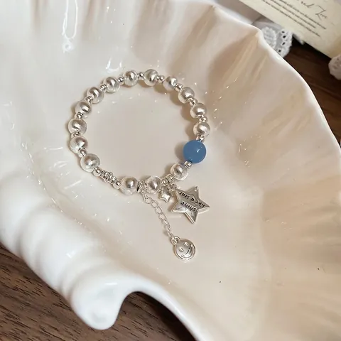 Beaded Bracelet Brushed Copper Silver Star Charm Blue Glass Bead Smiley Pendant Sweet Minimalist Jewelry Women