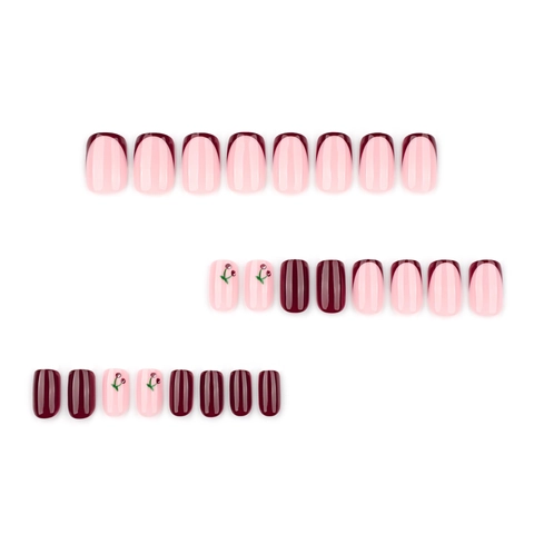 Unghie Finte Press On Plastica ABS Rosso Vino Motivo Ciliegia French Tip Corte Quadrate Per Donne