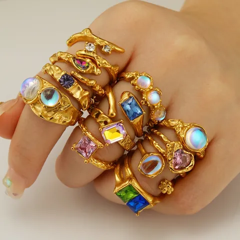 Vintage Adjustable Rings Stainless Steel 18K Gold Plated Open Ring Irregular Geometric Boho Moonstone Zircon Jewelry Women