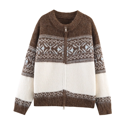 Cárdigan De Punto Jacquard Fair Isle Mujer Poliéster Suave Vintage Doble Cremallera Suéter Cuello Alto Casual Invierno
