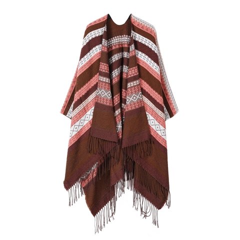 Women's Imitation Cashmere Tassel Shawl Poncho Bohemian Striped Winter Warm Travel Cape Blanket Open Front Outerwear