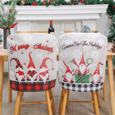 Christmas Chair Covers Linen Gnome Dining Room Decor Plaid Border Merry Christmas Print Grey Red Festive Holiday
