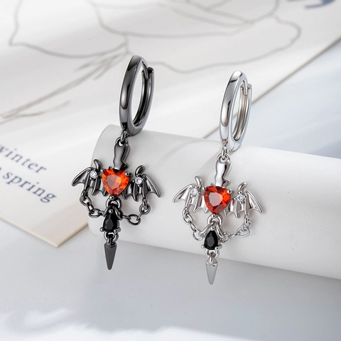 Orecchini A Cerchio Con Ali Di Pipistrello Gotico Con Zircone A Cuore Rosso Pendente Pugnale Catena Gioielli In Rame Per Donna