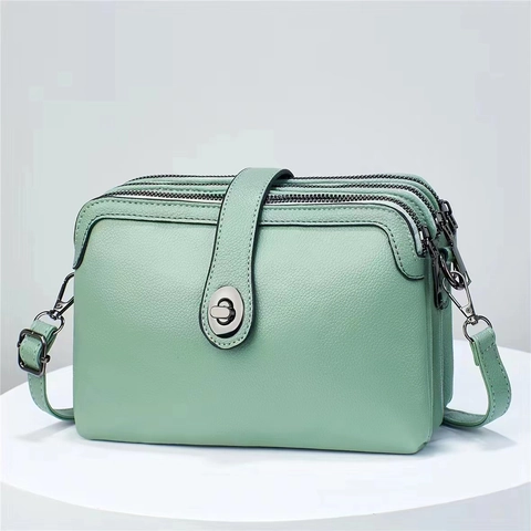 Lychee Texture PU Leather Crossbody Bag Triple Zipper Multi Compartment Shoulder Bag With Metal Twist Lock Simple Retro