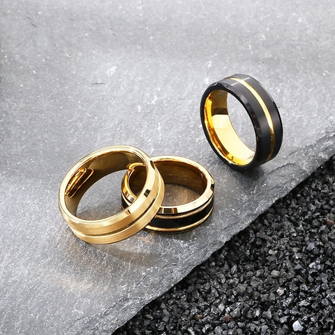 Anillo Para Hombre De Acero De Tungsteno Minimalista Acabado Cepillado Mate Ranurado Bicolor Joyería Retro