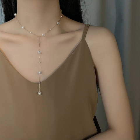 Minimalist Titanium Steel Artificial Pearl Y-Shaped Necklace For Women Gold Color Adjustable Clavicle Chain Jewelry Gift