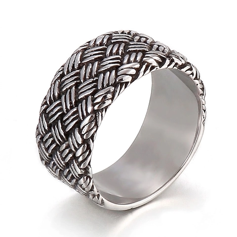 Men Band Ring Stainless Steel Woven Braided Texture Retro Vintage Silver Color Punk Hip Hop Fashion Jewelry For Him