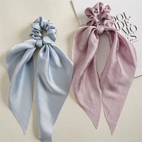 Satin Satin Texture Scarf Scrunchies For Women Nylon Elastic Hair Ties With Long Ribbons Chic Ponytail Holders Solid Color