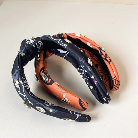 Cerchietto Annodato Halloween Donna Tessuto Largo Barocco Capelli Con Strass Imitazione Perla Artificial Zucca Ragnatela Fantasma