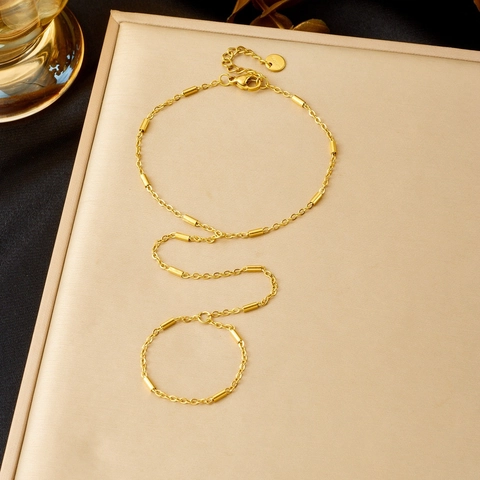 Minimalist Gold Plated Stainless Steel Hand Chain Finger Bracelet Cylindrical Link Adjustable Daily Jewelry For Women