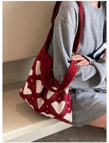 Knitted Heart Pattern Tote Bag Large Capacity Casual Contrast Color Slouchy Shoulder Bag Korean Style Retro For Women