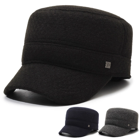 Men Winter Flat Top Cadet Cap Cotton Wool Blend Warm Fleece Lined With Ear Flaps Windproof Adjustable Solid Color Hat