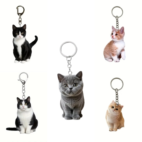 Porte-clés Chat Acrylique Imprimé Double Face Tuxedo Siamois Chaton Pendentif De Sac Anneau De Clé Voiture Bijou Animal