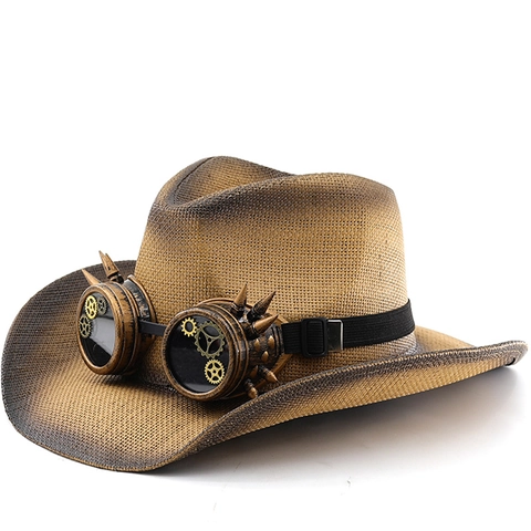 Steampunk Cowboy Hat Woven Paper Straw With Vintage Industrial Goggles Gear Spikes Distressed Western Wide Brim Fedora