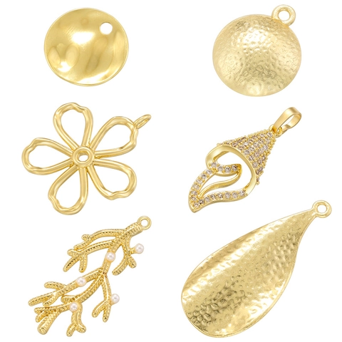 Ciondoli Vintage In Ottone Per Creazione Gioielli Texture Martellata Fiore Corallo Conchiglia Charms Con Perla Artificial Sintetica Zircone