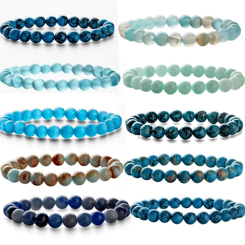 Natural Stone Beaded Bracelet Elastic Round Gemstone Agate Tiger Eye Turquoise Jewelry For Men Women