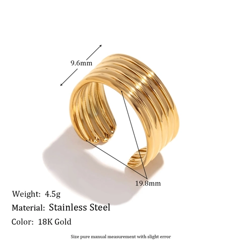 Mehrschichtiger Gestreifter Ring 18K Vergoldet Edelstahl Verstellbar Offen Wellenkante Retro Einfach Mode Für Frauen