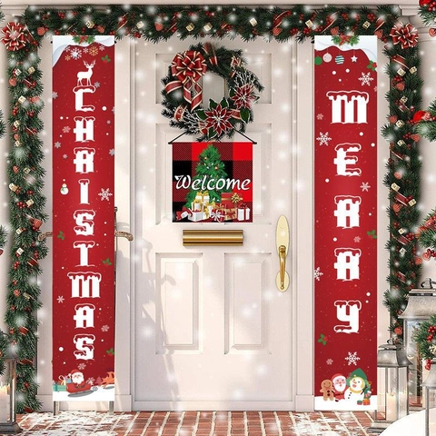 Banner Per Portico Di Natale In Poliestere Insegne Appese Decorazione Per Porta D'Ingresso Festivo Schiaccianoci Babbo Natale Pupazzo Di Neve