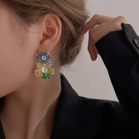 Colorful Crystal Flower Stud Earrings For Women With 925 Sterling Silver Earring Post Unique Floral Alloy Jewelry