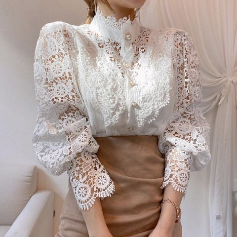 Französische Retro Spitzenbluse Für Damen Elegante Stehkragen Langarm Durchbrochene Blumen Patchwork Hemd Mit Künstliche Perlenknöpfen
