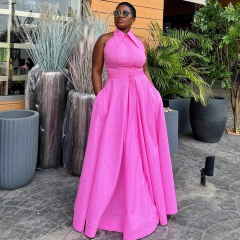 Women Plus Size Halter Maxi Dress Polyester Backless Hot Pink High Waist Button Front Lapel A-Line Swing Summer