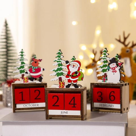 Christmas Countdown Calendar Wooden Perpetual Desk Ornament Santa Snowman Reindeer Blocks Holiday Decoration Home Office